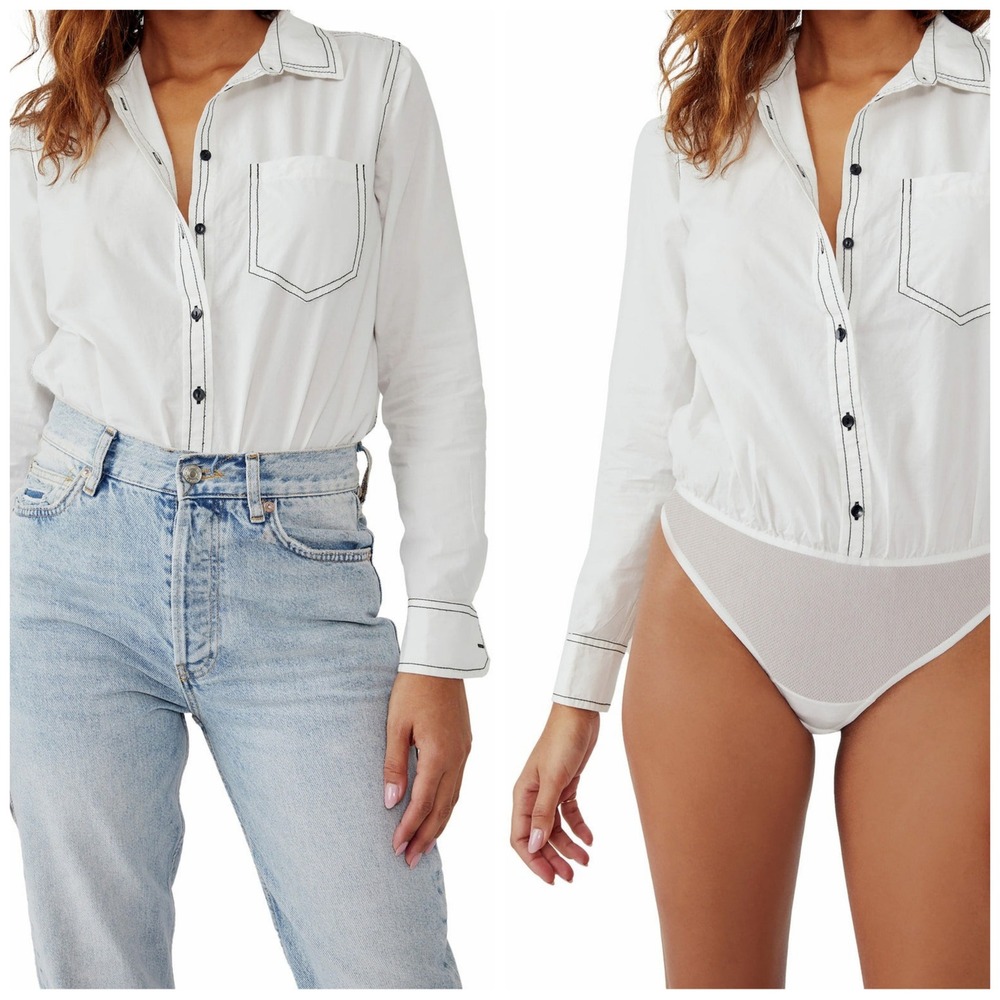 Free People Power Move White Cotton Button Down Shirt Bodysuit Size Small